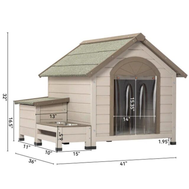 Deluxe Wooden Dog House with Storage and Elevated Feeding Station