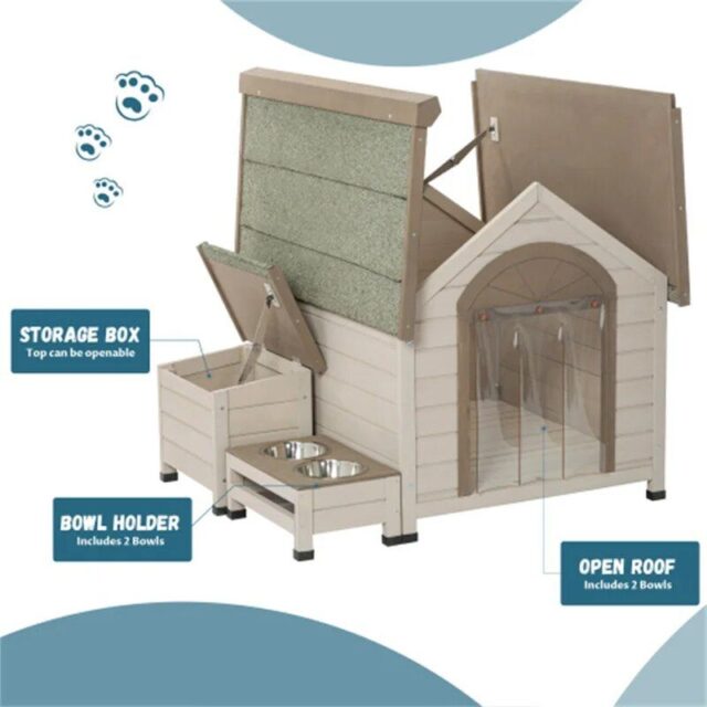 Deluxe Wooden Dog House with Storage and Elevated Feeding Station