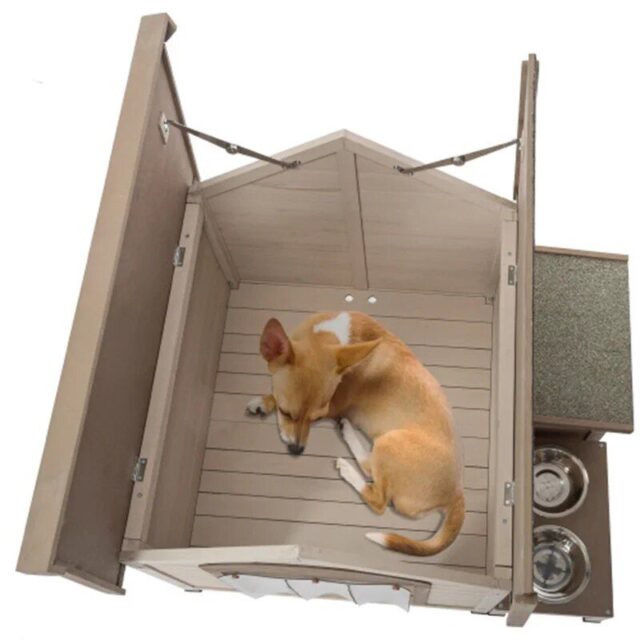 Deluxe Wooden Dog House with Storage and Elevated Feeding Station