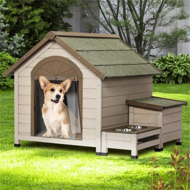 Deluxe Wooden Dog House with Storage and Elevated Feeding Station
