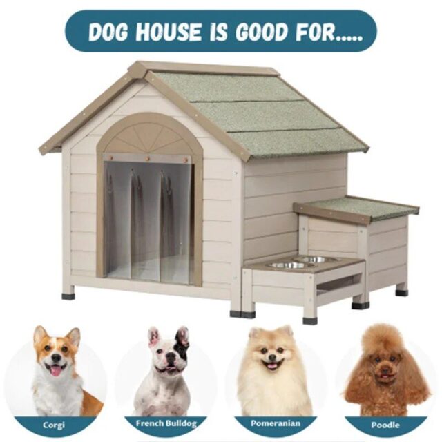 Deluxe Wooden Dog House with Storage and Elevated Feeding Station