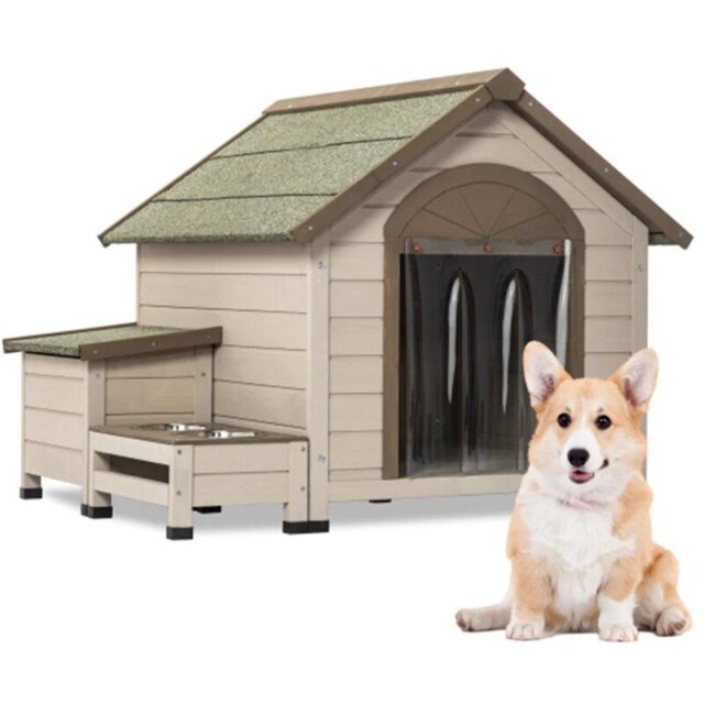Deluxe Wooden Dog House with Storage and Elevated Feeding Station
